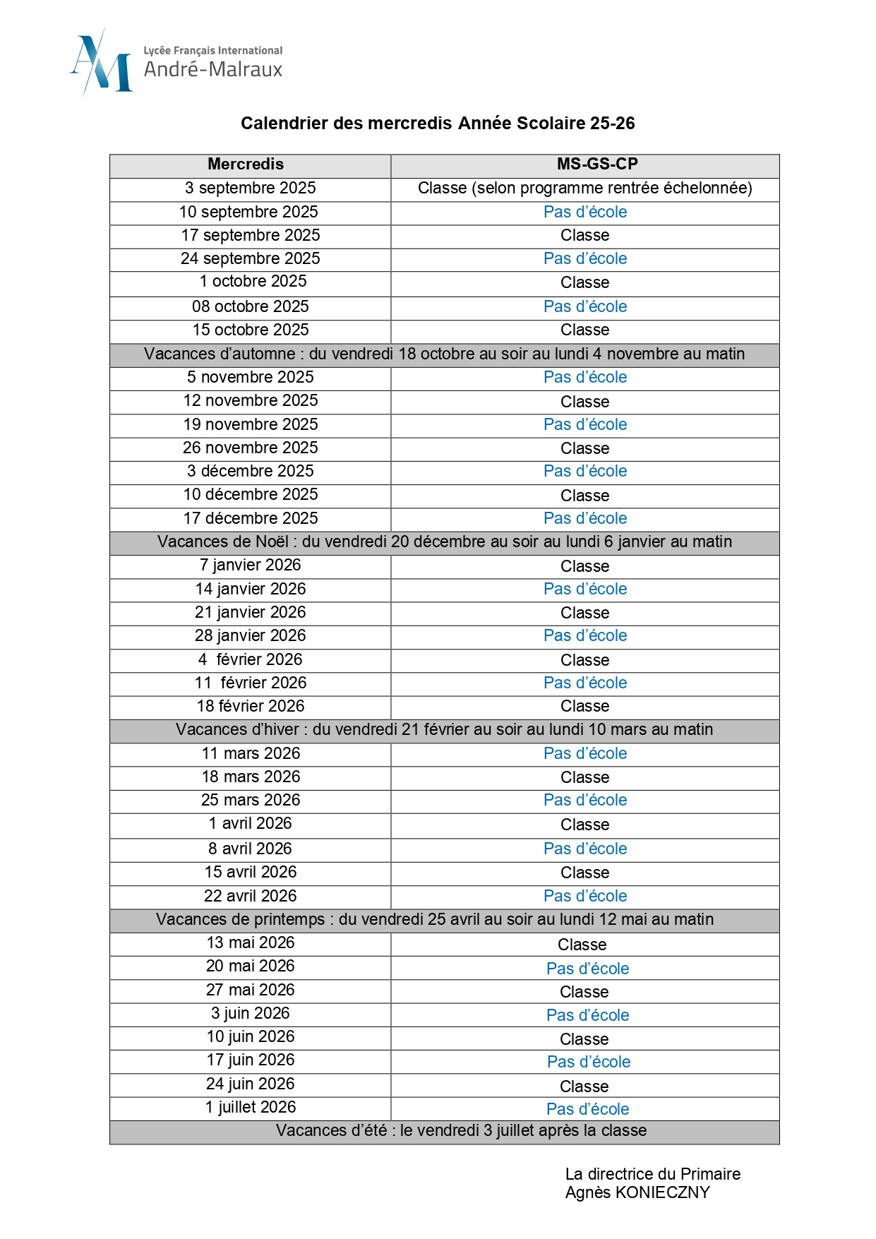 Calendrier des mercredis 25-26