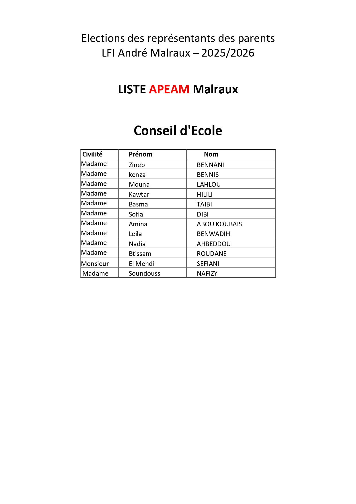 Liste APEAM CEC 2025-2026